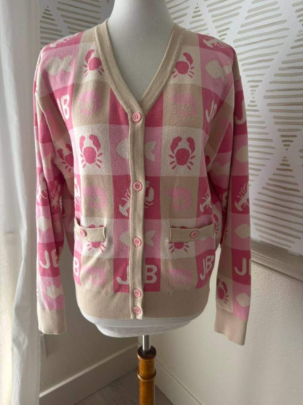 Jelly Bunny Women’s Large Pink Checkered Beach Crab Fish Lobster Print Cardigan